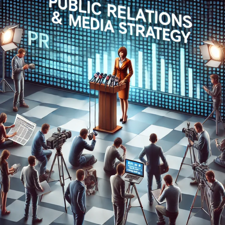 DALL·E 2025-02-10 11.19.49 - A professional visual representation of 'Public Relations & Media Strategy'_ A PR specialist giving a press conference, cameras flashing, journalists