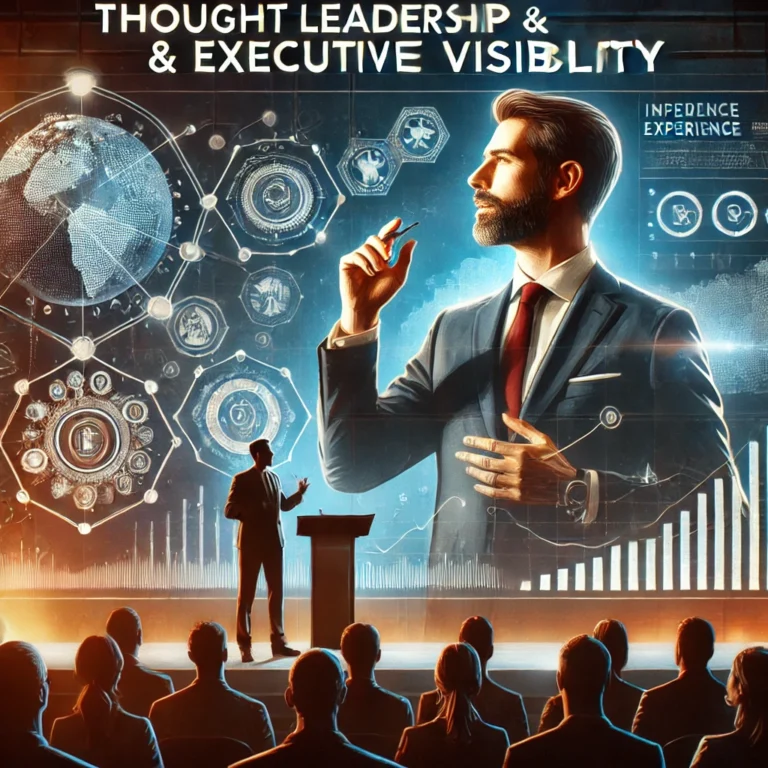 DALL·E 2025-02-11 13.28.08 - A professional and dynamic visual for 'Thought Leadership & Executive Visibility'—a confident executive delivering a keynote speech on stage with a ca