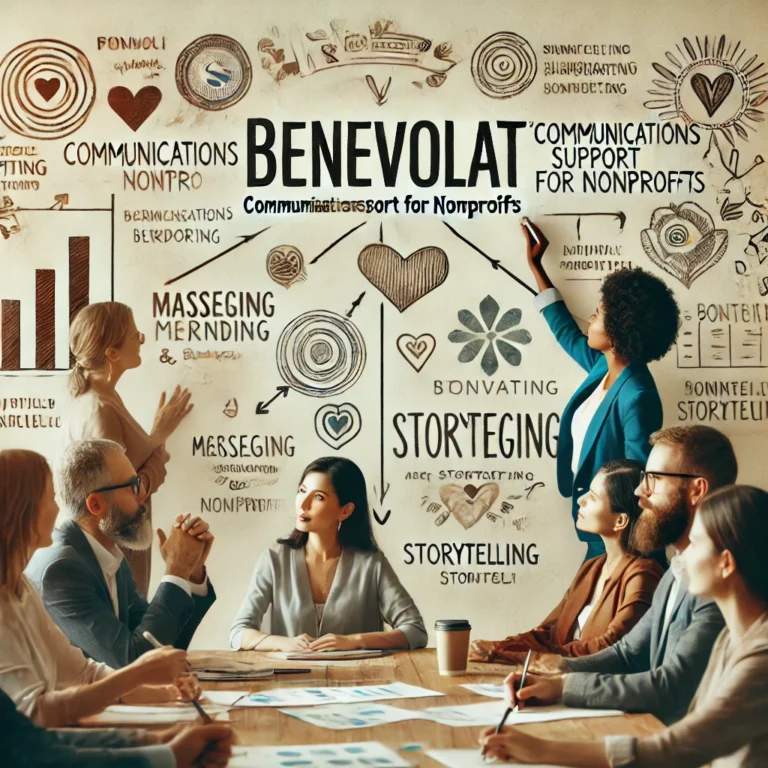 DALL·E 2025-02-11 13.28.13 - A heartfelt visual for 'Benevolat_ Communications Support for Nonprofits'—a diverse group of nonprofit professionals in a meeting, passionately discus